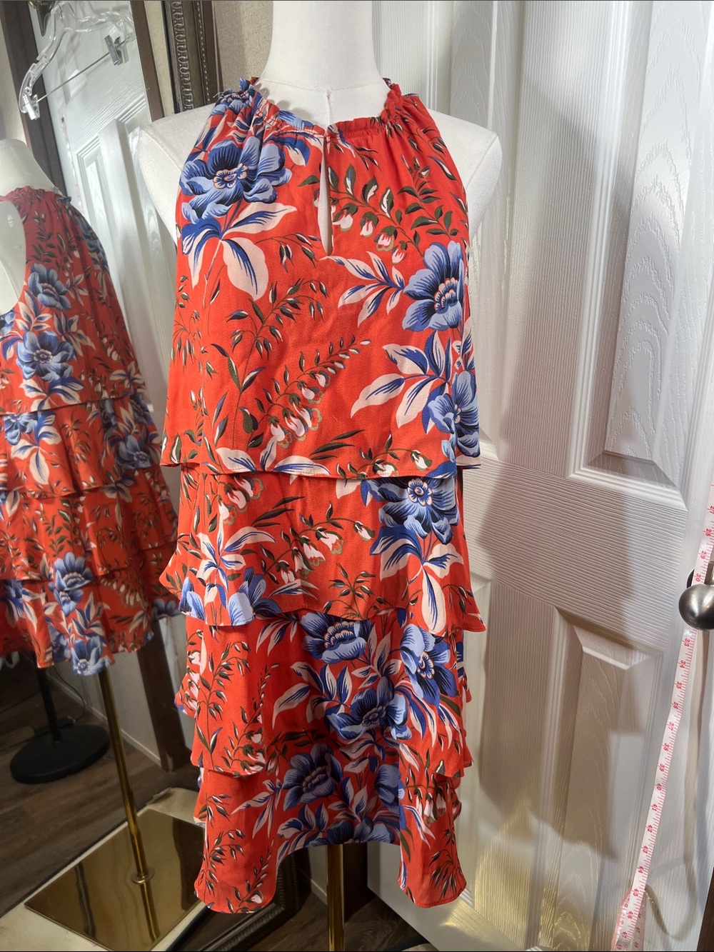 LOF Red Floral Tiered Maxi Dress with Blue Flowers